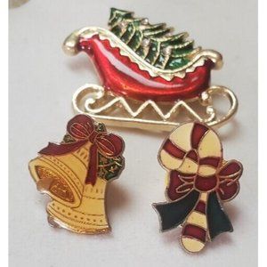 Vintage Christmas Pin Brooch Gold Tone Rhinestones Multicolor Lot Of 3